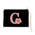 Black canvas zipper pouch with pink letter C flower print stylish portable makeup coin purse - Letter C Style (xbk2864)
