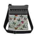 Primer plano del bolso cruzado con doble cremallera, estampado de mariposas y rayas. - Estilo Estampado Mariposa Multicolor Textura Animal Gris (xk0054)