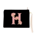 Black canvas zipper pouch with pink initial letter H and floral design, wrist strap. - Letter H Style (xbk2869)