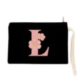 Detail view of black canvas pouch with pink floral letter L print, zipper and wrist strap. - Letter L Style (xbk2873)