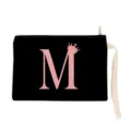 Black canvas makeup pouch with pink letter M crown print and portable wrist strap design. - Letter M Style (xbk2874)