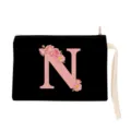 Black canvas cosmetic bag with pink letter N and floral print, portable wristlet pouch. - Letter N Style (xbk2875)
