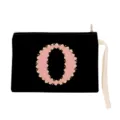 Black canvas makeup pouch featuring a pink floral letter O print, handy wrist strap and zipper. - Letter O Style (xbk2876)