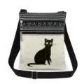 Canvas crossbody bag with cute black cat print, double zipper, adjustable strap for daily use. - Style (xk2495)