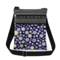 Detailed view of casual crossbody messenger bag with floral print, double zippers, and adjustable strap. - Dark Blue With Colorful Floral (xk12507)
