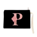 Black canvas cosmetic bag with pink letter P design, portable zipper makeup pouch for women. - Letter P Style (xbk2877)