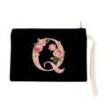 Black canvas cosmetic bag with floral letter Q, lightweight portable wristlet makeup pouch. - Letter Q Style (xbk2878)