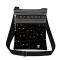 Close-up detail of the black cat print crossbody bag, featuring double zippers and striped top. - Style (xk2496)