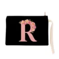 Black canvas cosmetic bag with pink floral letter R print, portable makeup pouch with strap. - Letter R Style (xbk2879)
