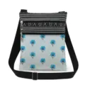 Detailed view of lightweight crossbody bag with black white stripes and floral print. - Light Blue With Small Floral (xk12509)