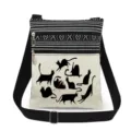 Detailed view of the black cat printed crossbody bag with adjustable strap and dual zippers. - Style (xk2497)