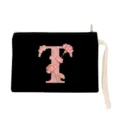 Black canvas cosmetic pouch with pink floral letter print and wrist strap for daily use. - Letter T Style (xbk2881)