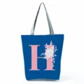 Blue tote bag with pink letter H and floral print, large capacity canvas shoulder bag. - Letter H