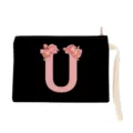 Black cosmetic bag with pink floral letter U design, portable canvas pouch with wrist strap. - Letter U Style (xbk2882)