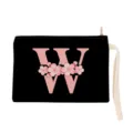 Detailed view of the black canvas cosmetic pouch featuring a pink floral letter W print. - Letter W Style (xbk2884)