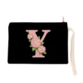 Black canvas cosmetic bag with pink floral letter Y print and convenient wrist strap. - Letter Y Style (xbk2886)
