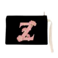 Black canvas zipper makeup pouch with pink floral letter Z design and wrist strap - Letter Z Style (xbk2887)