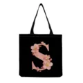 Sac cabas noir en toile avec imprimé lettre S en fleurs roses, élégant sac shopping. - Style Lettre S (hmk2880)