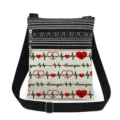 Close up of the printed heart and ECG pattern on the stylish fabric crossbody messenger bag. - Red Heart EKG Print (xkk2964)