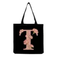 Sac cabas en toile noire avec imprimé lettre T florale rose, sac shopping décontracté et chic. - Style Lettre T (hmk2881)