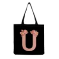 Sac cabas en toile noire avec lettre U rose et imprimé floral de roses, élégant et résistant. - Style Lettre U (hmk2882)
