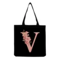 Sac cabas en toile noire avec imprimé lettre V floral rose sac bandoulière tendance - Style Lettre V (hmk2883)