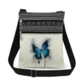 Vista detallada del bolso cruzado de lona con estampado de mariposa azul y cremalleras. - Estilo Estampado Mariposa Arte Abstracto Azul (xk3950)