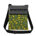 Detail shot of the crossbody messenger bag featuring double zippers and floral print. - Green With Yellow Floral (xk12523)