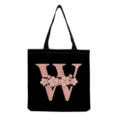 Sac cabas en toile noir avec lettre W rose et bel imprimé floral, sac shopping pliable. - Style Lettre W (hmk2884)