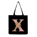 Sac cabas en toile noire avec lettre X rose et roses aquarelle. Sac à main pliable et pratique. - Style Lettre X (hmk2885)
