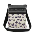 Vista detallada de la bolsa cruzada con cremallera doble y estampado de mariposas. - Estilo Estampado Mariposa Morada y Cinta Geométrica (xk3974)