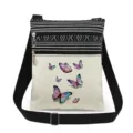Bolso bandolera de lona elegante con cremalleras dobles y un hermoso estampado de mariposas. - Estilo Estampado Mariposa Multicolor Exquisito Frontal (xk3976)