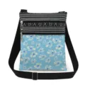 Floral print crossbody bag with black white striped pattern, double zipper and adjustable strap. - Light Blue Daisy Printed (xk12528)