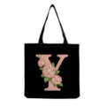 Sac cabas en toile noire avec une lettre Y rose et un imprimé floral, élégant et pratique. - Style Lettre Y (hmk2886)