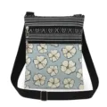 Small floral crossbody messenger bag with dual zippers and adjustable black fabric strap. - Light Blue With White Five-Petal Flower (xk12529)