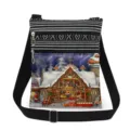 Christmas print crossbody bag detail showcasing double zippers and adjustable strap features. - Christmas Farm Snow Scene Print Style (xk5830)