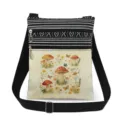 Vintage mushroom print canvas crossbody bag with double zippers and black adjustable strap. - Vintage Watercolor Mushroom & Butterfly (xkk2927)