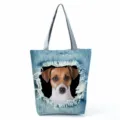 Dettaglio in primo piano della stampa di cagnolino carino sulla borsa shopper in tela stile denim. - Stampa Denim Cane 3D (hl4908)