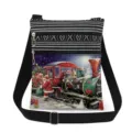 Christmas train print crossbody bag with double zippers and adjustable black strap details. - Holiday Train and Santa Claus Print (xk5832)