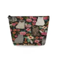 Borsa cosmetica nera con stampa all-over di gatti carini e fiori colorati con chiusura a cerniera. - Gatto e Fiori (sn3585)