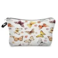 Primo piano della borsa cosmetica con stampa a farfalla dettagli acquerello e cerniera sicura. - Bianco Acquerello Farfalla Floreale Stampa(hzk2700)