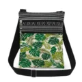 Close-up detail of the double zipper crossbody bag with green tropical leaf print and straps. - Green Tropical Leaves Style (xk0300)