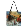 Dettaglio della borsa shopper in tela con stampa di treno natalizio rétro e manici neri. - Stile Treno di Natale Scena di Neve (hm3224)