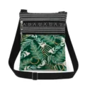 Crossbody bag with green tropical leaf print, double zippers and adjustable black strap. - Green Leaves Striped Patchwork Style (xk0301)