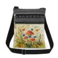 Double zipper canvas shoulder bag with mushroom and butterfly print, black and white striped. - Vintage Mushroom & Butterfly Spliced Print (xkk2940)