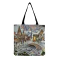 Borsa tote in tela con stampa di villaggio di neve natalizia, borsa per la spesa riutilizzabile - Stile Carrozza Vintage Scena di Neve (hm3226)