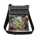 Crossbody bag with black and white stripes, stained glass dragonfly print, adjustable strap. - Stained Glass Dragonfly Floral Style (xkk2809)