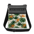 Tropical print crossbody bag detail showcasing double zippers and adjustable black strap. - Bird of Paradise Floral Monstera Style (xk0317)