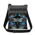 Detailed view of the dragonfly print double zipper crossbody bag with adjustable black strap. - Black Base Blue Dragonfly Floral Style (xkk2810)