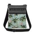Detailed close-up of tropical flamingo print crossbody bag with black white stripes and zippers. - Tropical Flamingo Style (xk0319)